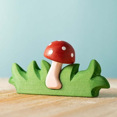 Image of the Mushroom in Grass on a natural wooden surface, sunlight casting warm shadows.