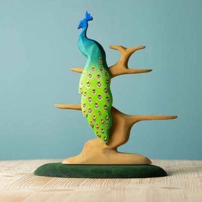 Handcrafted Wooden Peacock with Colorful Feathers