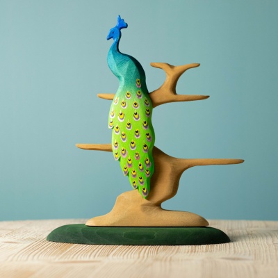 Handcrafted Wooden Peacock with Colorful Feathers