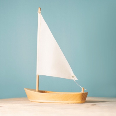 Handcrafted Beige Wooden Toy Sailing Boat for Toddlers