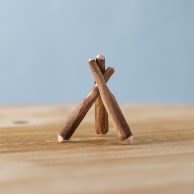 Trio of brown wooden Black Poplar Twigs standing upright on a wood surface.