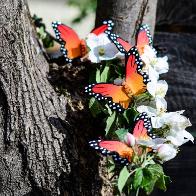 Multiple wooden butterflies on a tree with white flowers
