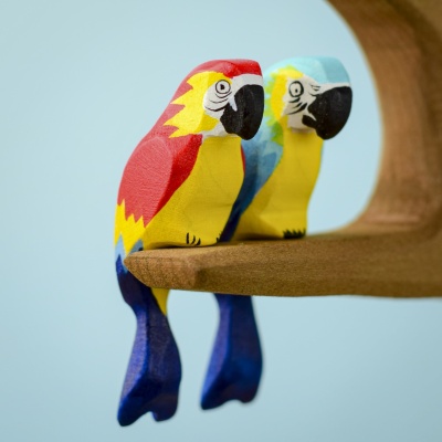 Two Amazonian Parrot wooden toys on tree branches.