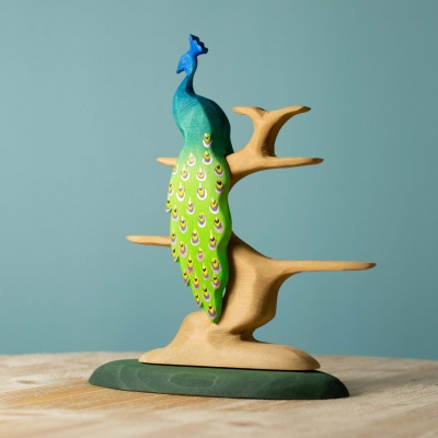 Vibrant Teal and Green Peacock Wooden Figure