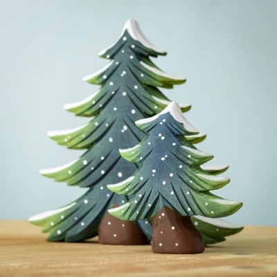 Wooden Snowy Fir Tree Set - handcrafted with green and white details.