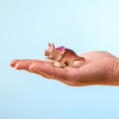 Hand holding Wooden Triceratops Baby for size reference