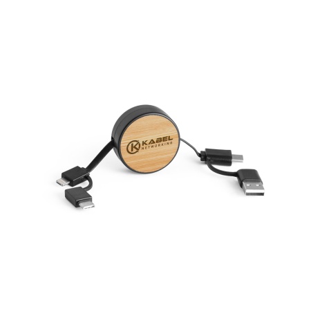RUBINS. Cablu USB retractabil 6 în 1 din ABS reciclat (100% rABS) și bambus