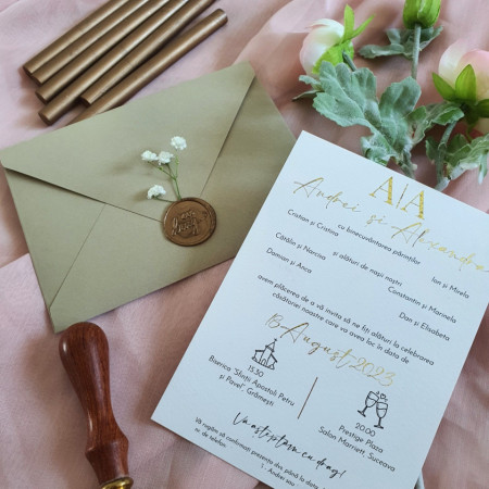 Invitație cu plic bej si floarea miresei