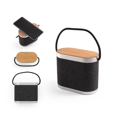 GUETTA. Difuzor portabil de 5W cu încărcător wireless super-rapid de 15W și autonomie a bateriei de 2h, fabricat din bambus și PET reciclat (100% rPET) - Gri inchis - Personalizat - Img 6