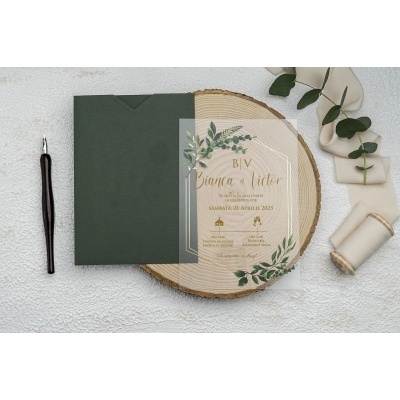 Invitație de nuntă transparentă cu plic verde