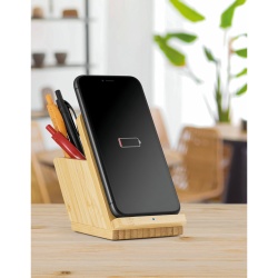 LEAVITT. Suport pentru smartphone și suport pentru pix cu încărcător wireless rapid de 10W din bambus - Natural - Personalizat - Img 2