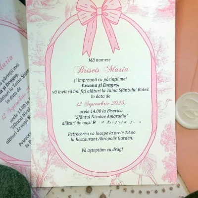Invitație de botez roz pentru fetite