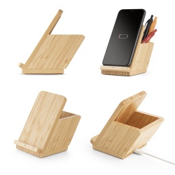 LEAVITT. Suport pentru smartphone și suport pentru pix cu încărcător wireless rapid de 10W din bambus - Natural - Personalizat - Img 6