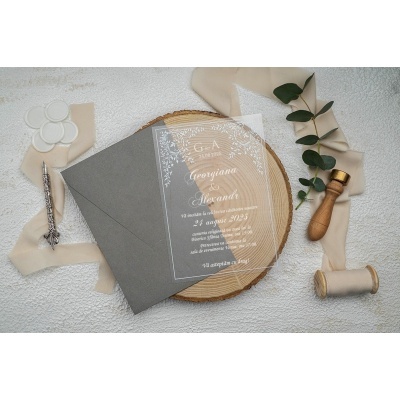 Invitație de nuntă transparentă cu plic gri
