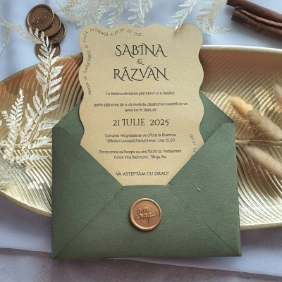 Invitatie bej cu plic verde olive - Img 2
