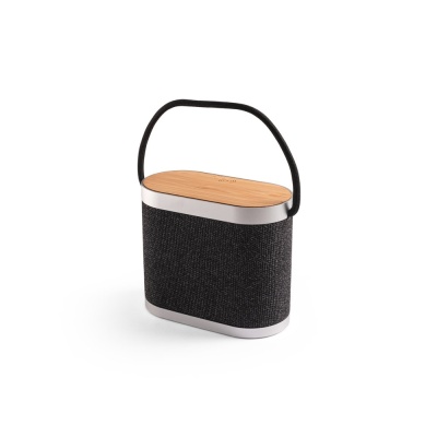 GUETTA. Difuzor portabil de 5W cu încărcător wireless super-rapid de 15W și autonomie a bateriei de 2h, fabricat din bambus și PET reciclat (100% rPET) - Gri inchis - Personalizat