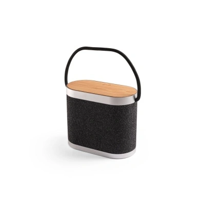 GUETTA. Difuzor portabil de 5W cu încărcător wireless super-rapid de 15W și autonomie a bateriei de 2h, fabricat din bambus și PET reciclat (100% rPET) - Gri inchis - Personalizat