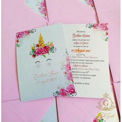 Invitație de botez cu unicorni roz pentru fetite