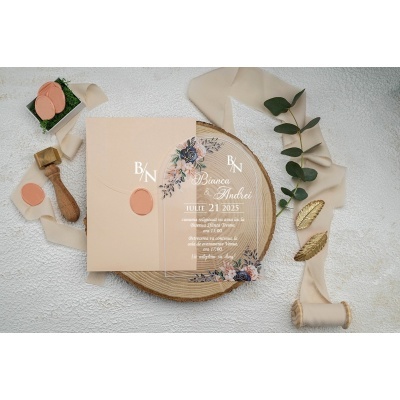 Invitația de nuntă transparentă în arcadă cu plic roz