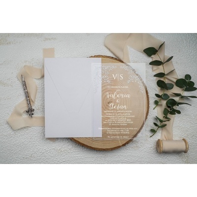 Invitație de nuntă transparentă cu plic alb