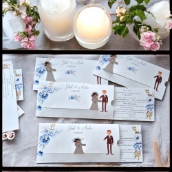 Invitații de nuntă personalizate cu mire și mireasă, decor floral și text elegant - slider