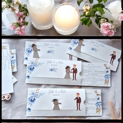 Invitații de nuntă personalizate cu mire și mireasă, decor floral și text elegant - slider