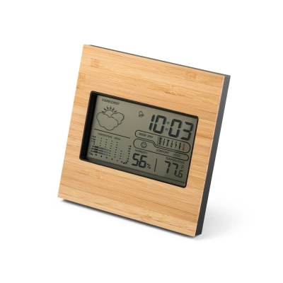 BROMLEY. Stație meteo de birou cu ecran LCD din ABS și bambus - Personalizat