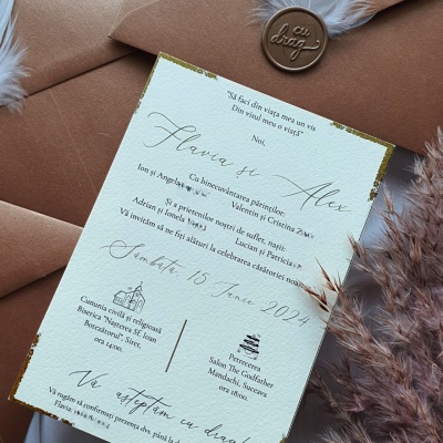 Invitatie de nunta cu plic cupru si pana - Img 2