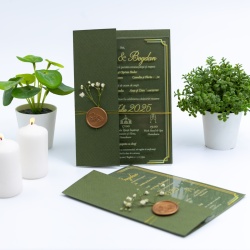 Invitatie de nuntă tranparenta cu semiplic verde olive - Img 1