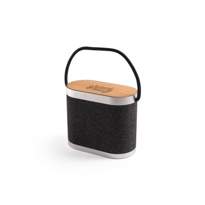 GUETTA. Difuzor portabil de 5W cu încărcător wireless super-rapid de 15W și autonomie a bateriei de 2h, fabricat din bambus și PET reciclat (100% rPET) - Gri inchis - Personalizat - Img 4