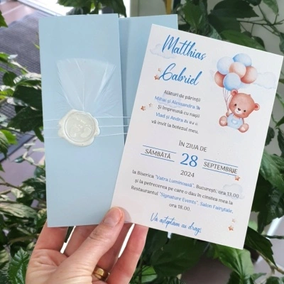 Invitație de botez cu ursulet si baloane - Img 5