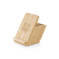 LEAVITT. Suport pentru smartphone și suport pentru pix cu încărcător wireless rapid de 10W din bambus - Natural - Personalizat - Img 1