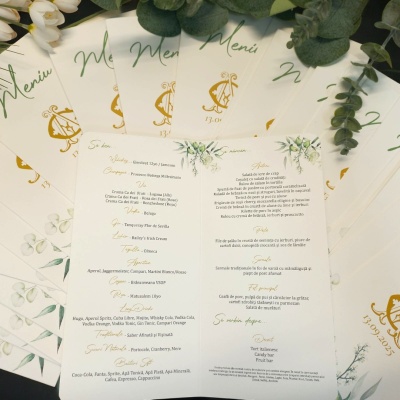Meniu cu frunze si logo-ul mirilor