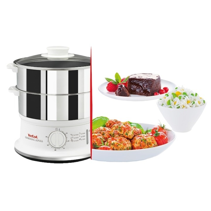 Aparat de gatit cu aburi Tefal VC145130, 900W, 6 L, timer de 60 de minute cu oprire automata, compatibil cu masina de spalat vase, nivel de apa vizibil, accesoriu pentru orez, alb/inox - 2 | YEO