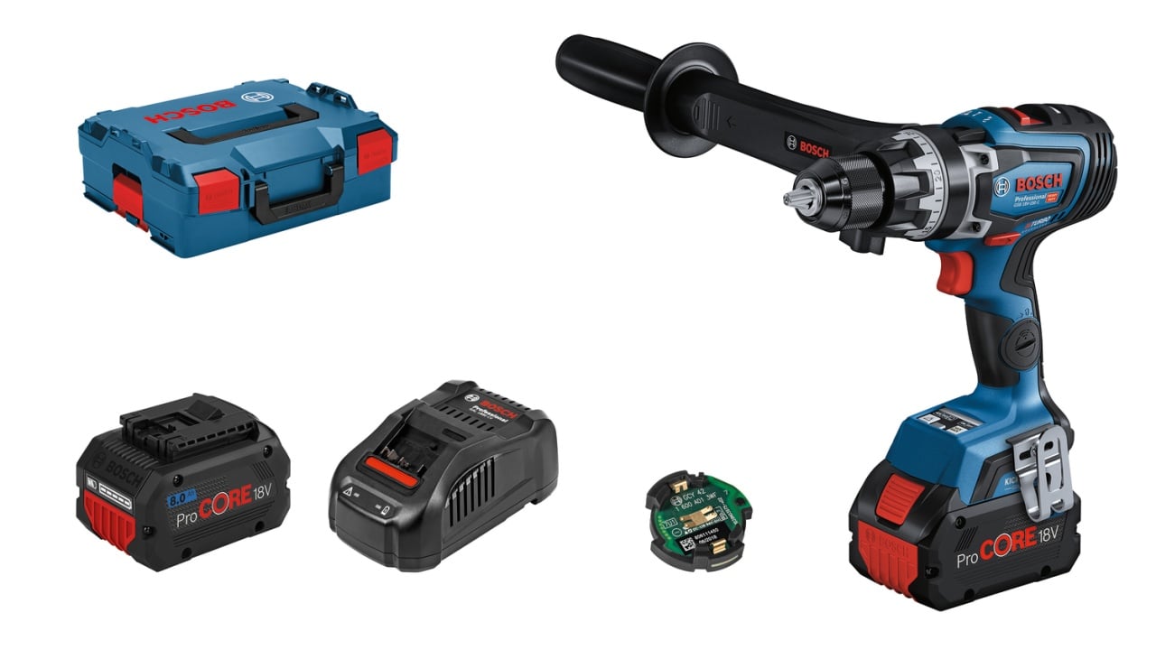 Bosch GSB 18V-150 C Masina de gaurit cu percutie brushless 150Nm + 2 acumulatori Li-Ion 18V + incarcator 8 Ah + L-Boxx