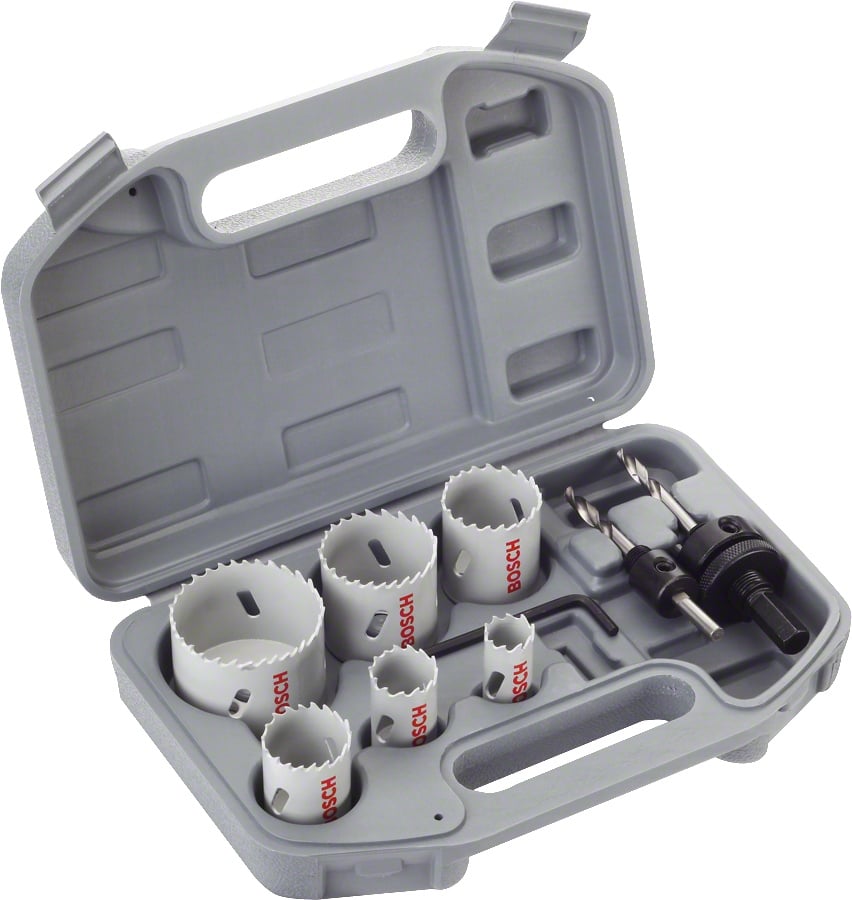 Bosch Set 9 accesorii, 6 carote BiMetal cu D20-68mm, 2 adaptoare hexagonale, 1 cheie hexagonală