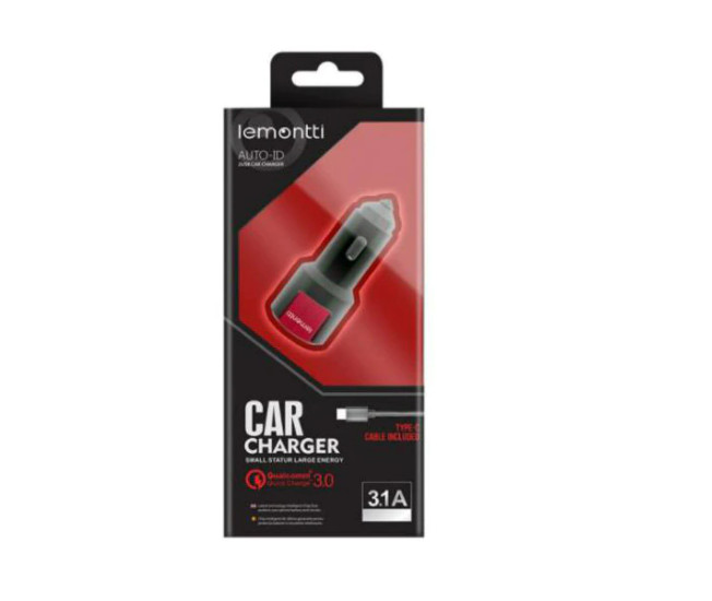 Incarcator auto Lemontti, Dual USB, 3.1A, Qualcomm 3.0, Cablu MicroUSB inclus, Negru