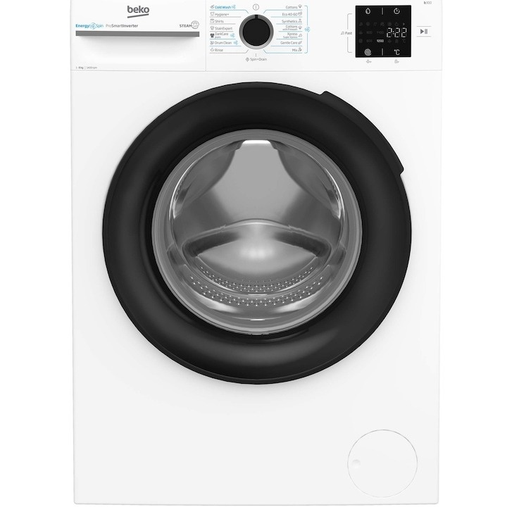 Masina de spalat rufe Beko BM3WFSU38413WB, 8 Kg, 1400 RPM, Clasa A, SteamCure, Recycled Tub, ProSmart Inverter Motor, AddXtra, WaterMode, ColdWash, Alb