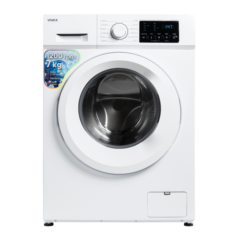 Masina de spalat rufe VIVAX WFL-120712CD, 7 kg, 1200 RPM, Clasa E, Baby Care, Eco, Display digital, Control electronic, Blocare acces copii, Temperatura reglabila, Drum Clean Sterilization, Quick Wash, Antisifonare, Delay Start, 12 programe, Alb