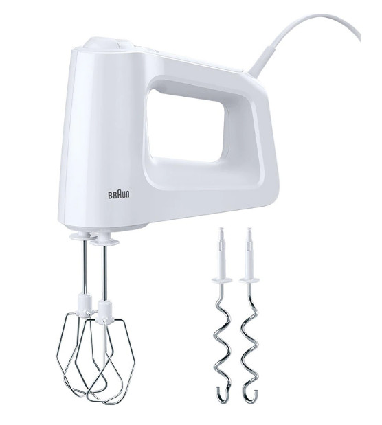 Mixer de mana Braun HM3000WH, 450 W, 5 viteze + Turbo, 2 palete, 2 carlige pentru aluat, Alb/Gri