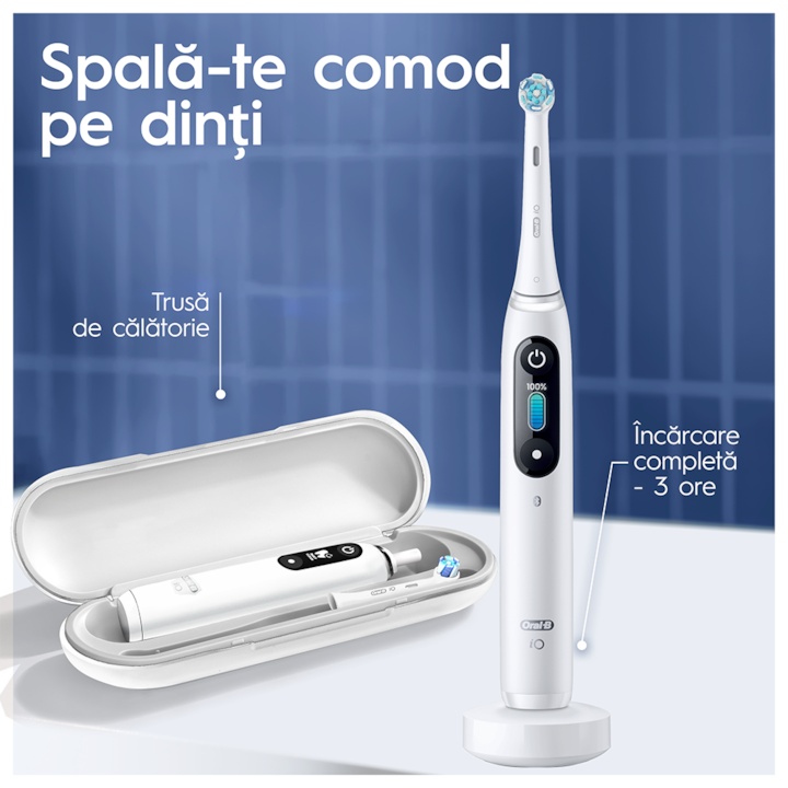 Periuta de dinti electrica Oral-B iO8 cu Tehnologie Magnetica si Micro-Vibratii, Inteligenta artificiala, Display led interactiv, Senzor de presiune Smart, Timer vizibil, 6 moduri, 1 capat, Suport rezerve, Incarcator magnetic, Trusa de calatorie, Alb - 1 | YEO