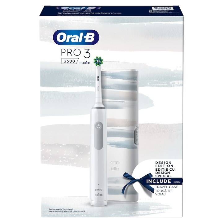 Periuta de dinti electrica Oral-B Pro 3 3500, Curatare 3D, 3 programe, 1 Incarcator, 1 Capat, Trusa de calatorie, Alb - 1 | YEO