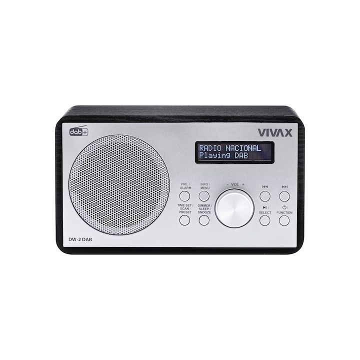 Radio cu ceas Vivax DW-2 DAB, 5W, FM, DAB+, Bluetooth, afisaj LED, 30 posturi presetate, carcasa lemn, negru