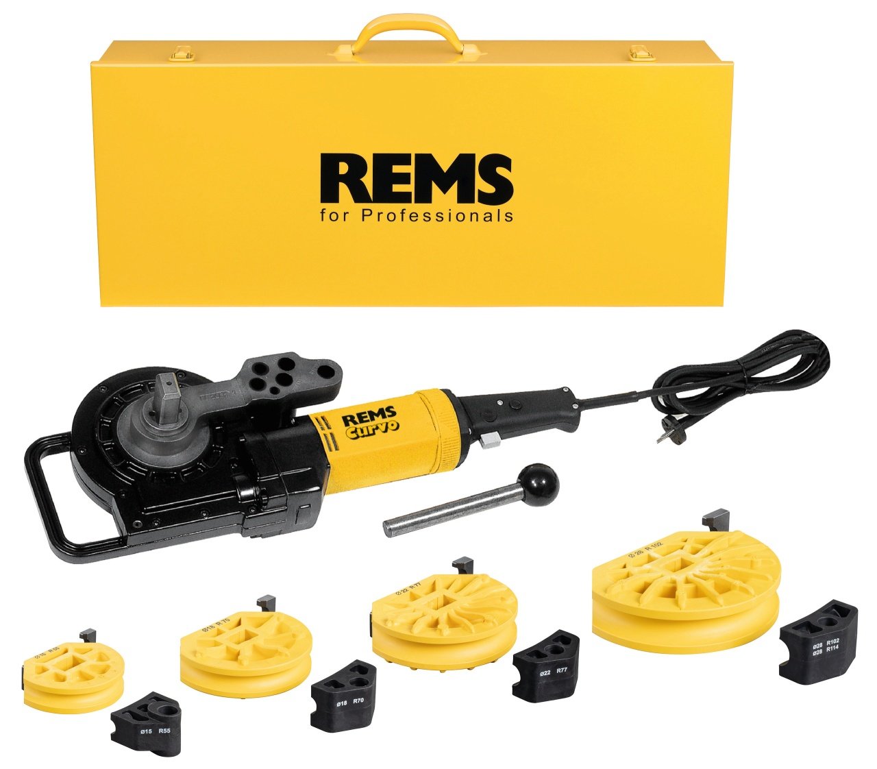 REMS Set promo Masina de indoit tevi Curvo Set 15-18-22-28 580027 R220 + Taietor tevi RAS Cu INOX 3-35 113350 R 580X03