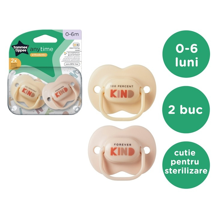 Set 2 Suzete ortodontice Tommee Tippee Anytime, 0-6 luni, Bej, cutie sterilizare - 1 | YEO