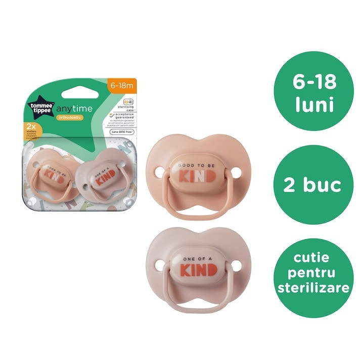 Set 2 Suzete ortodontice Tommee Tippee Anytime, 18-36 luni, Maro-Bej, cutie sterilizare