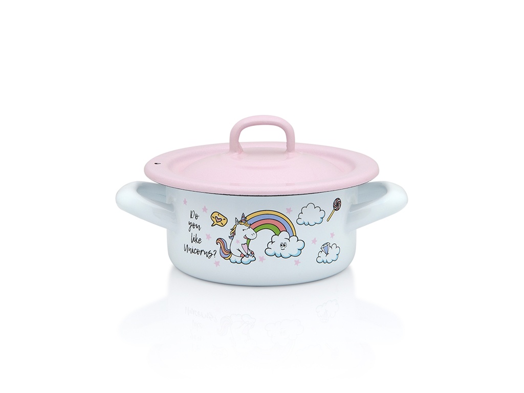 Set 3 piese 1.5l Unicorn Metalac email/Cana 8cm/Caserola capac14cm/Farfurie 18cm - 3 | YEO