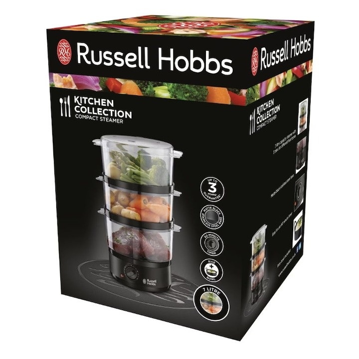 Aparat de gatit cu aburi compact Russell Hobbs Kitchen Collection 26530-56, 7 L, Timer, Bol orez, Negru