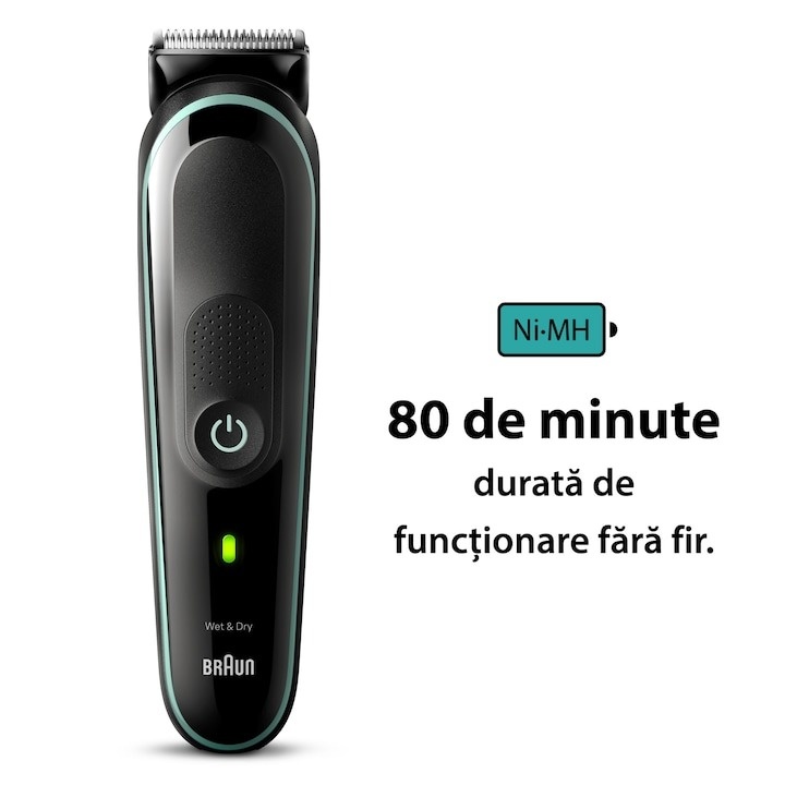 Aparat de tuns multifunctional Braun MGK3441, Wet&Dry, 8-in-1, 5 piepteni, 1 capat, 1 mini aparat de ras, autonomie 80 minute, Saculet de voiaj, Negru/Verde - 3 | YEO