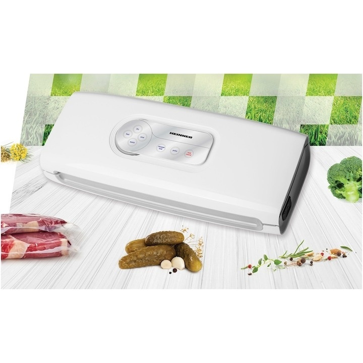 Aparat de vidat si sigilat Heinner HAV-140WH, vidare uscata/ umeda, functie marinare, sistem racire banda sigilare, furtun pentru caserole, mini-cutter incorporat, comptaibil cu pungi latime 30 cm, capacitate vidare: 7-8 l/ min, 0.6 bar, 140W, alb - 2 | YEO